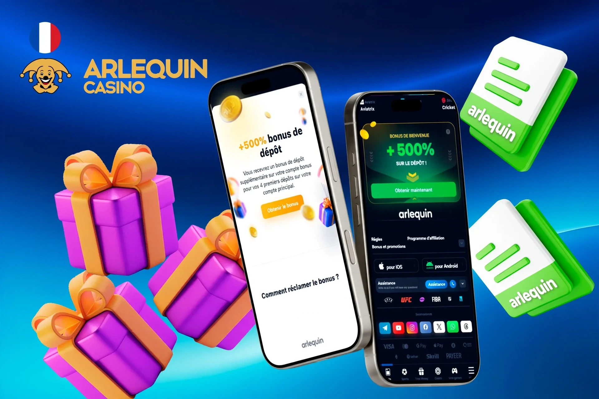 Promotion de l'application mobile Arlequin avec bonus de dépôt de 500% et illustration de boîte cadeau