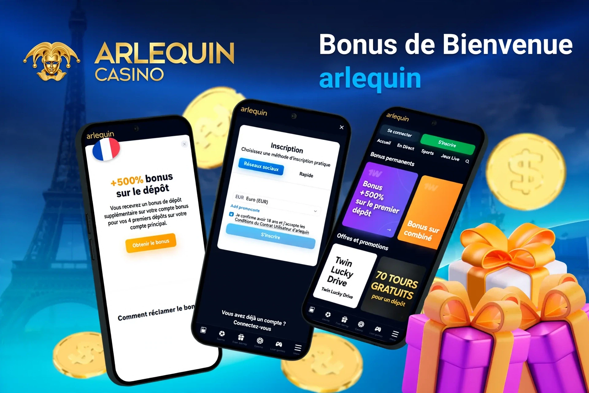 Écrans mobiles affichant l'inscription à Arlequin et un bonus de dépôt de 500 % avec des boîtes-cadeaux
