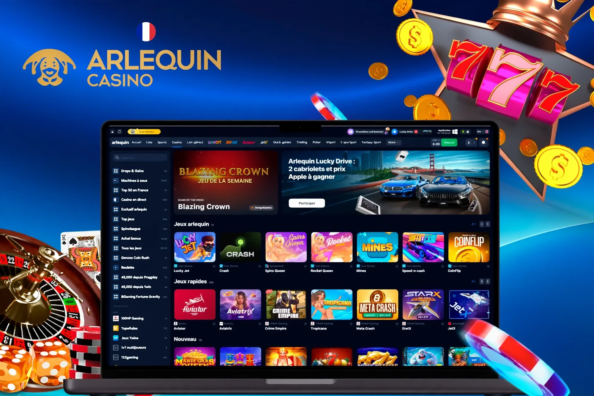 Page d'accueil du casino avec divers jeux de machines à sous et crash, y compris Lucky Jet et Blazing Crown