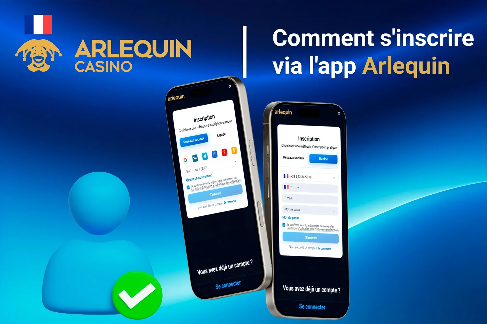 Processus d'inscription sur l'application mobile Arlequin avec options de connexion sociale