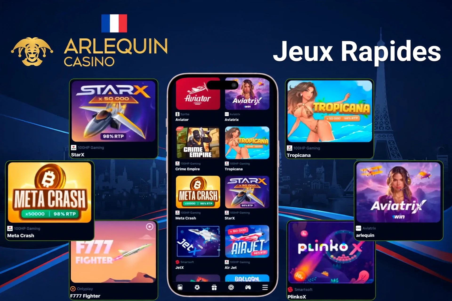 section de jeux rapides avec des titres comme StarX, Tropicana, Meta Crash et PlinkoX mis en avant sur l'application mobile