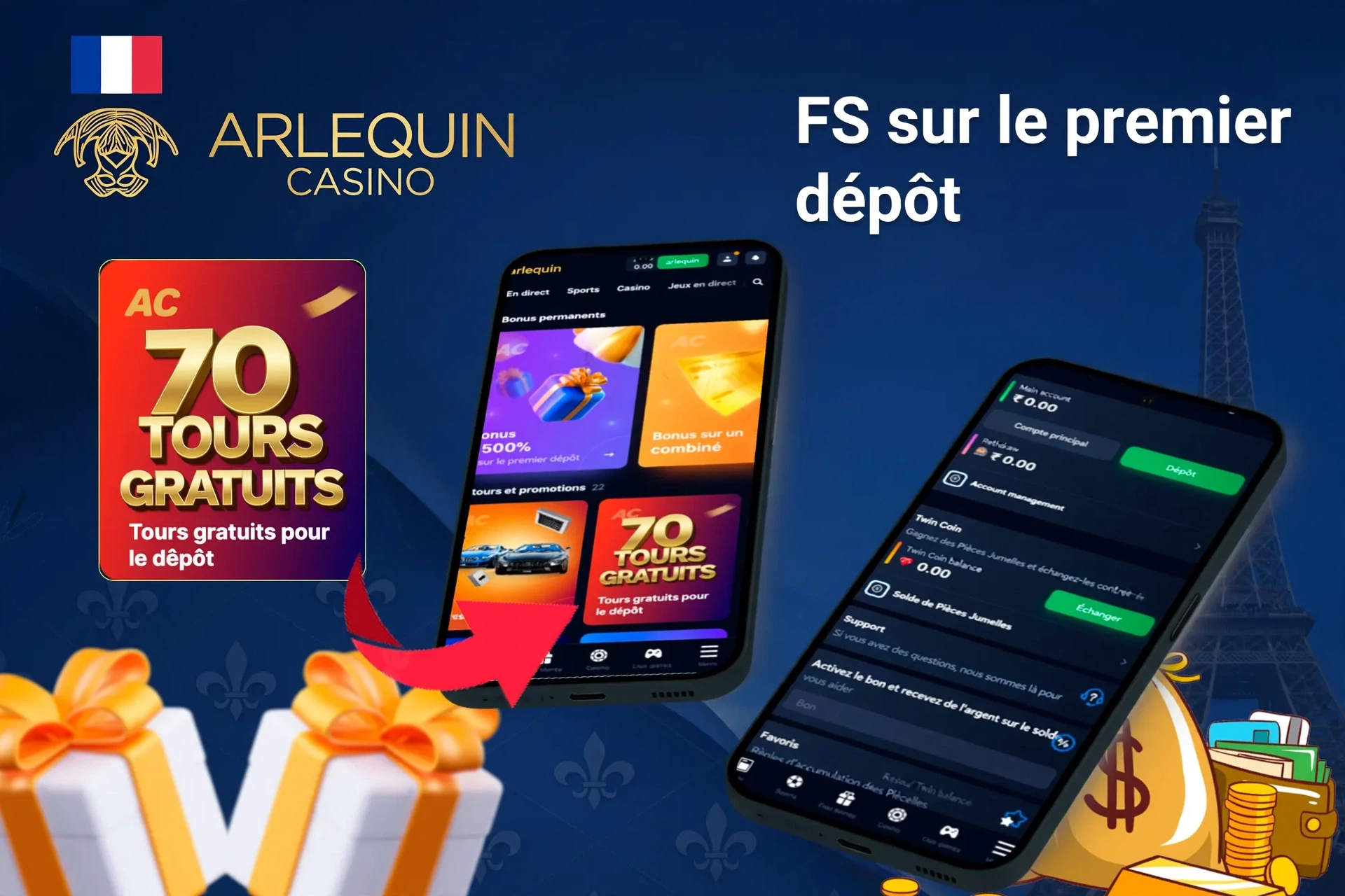 Application mobile montrant des offres de casino telles que programme de fidélité et tours gratuits avec jetons et cartes