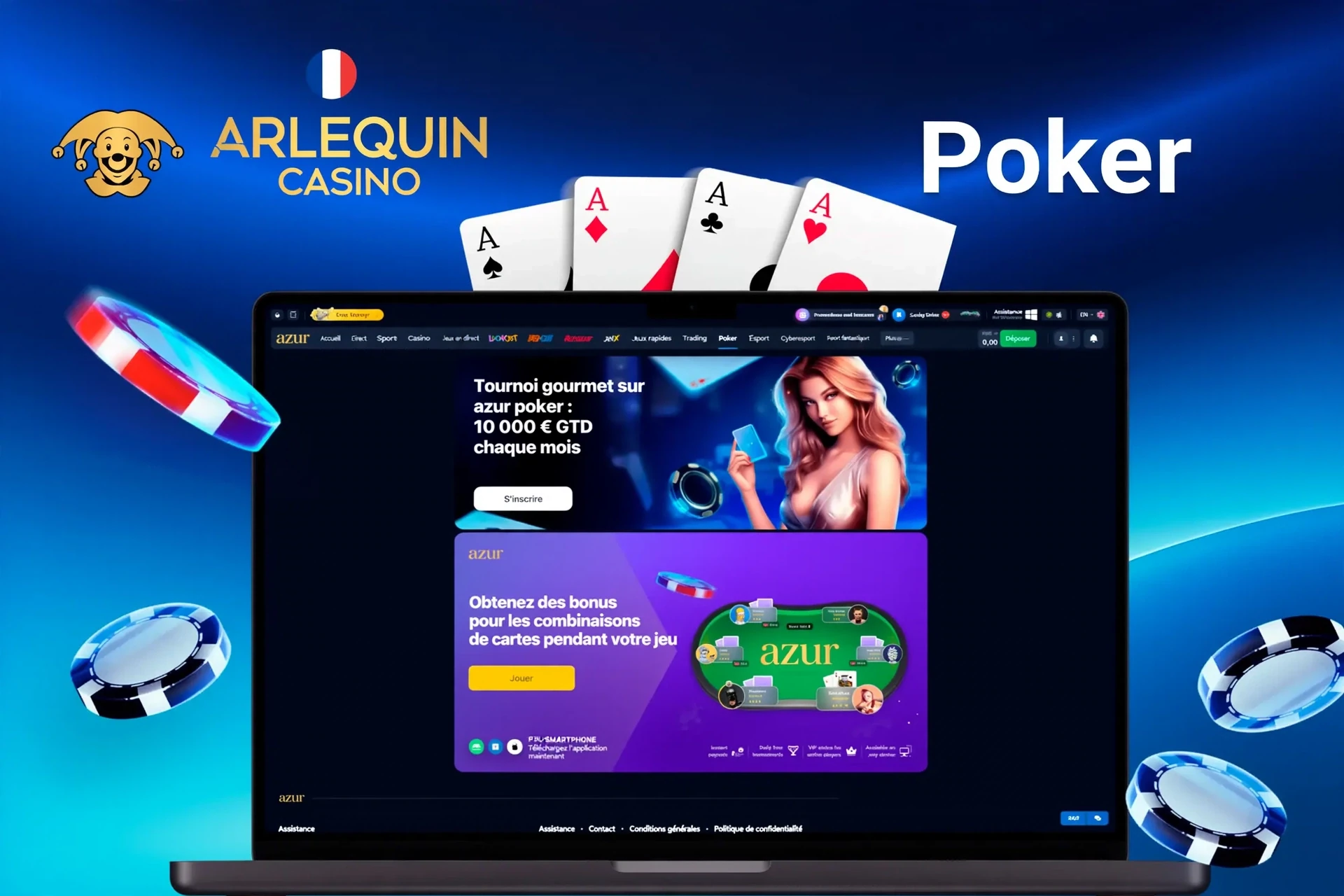 Promotion poker d'Arlequin présentant un tournoi gourmet avec un prix garanti de 10 000 $ et des bonus pour certaines combinaisons de cartes