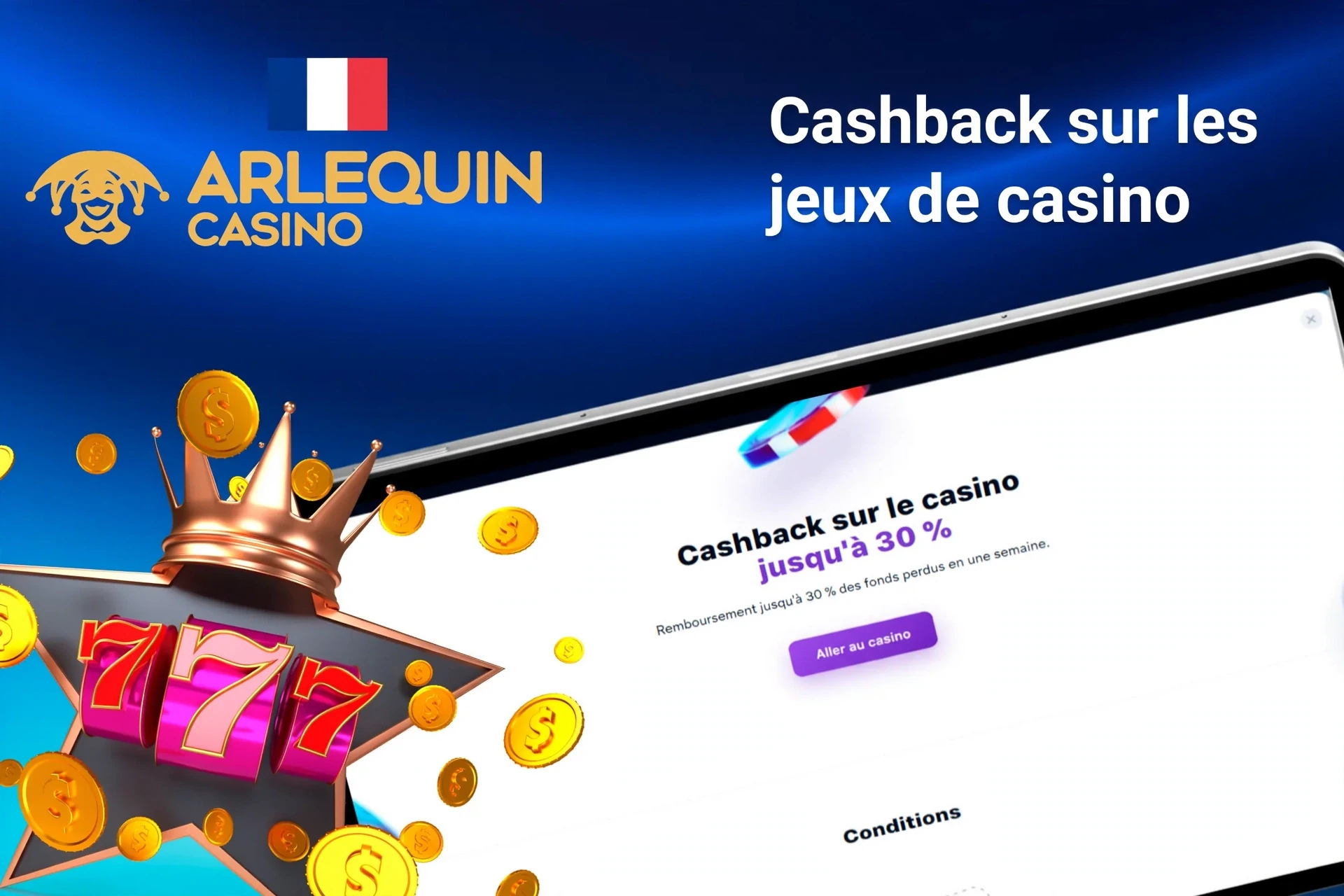 Application mobile avec offre de rakeback poker Arlequin jusqu'à 50 %, dés rouges et cartes à jouer