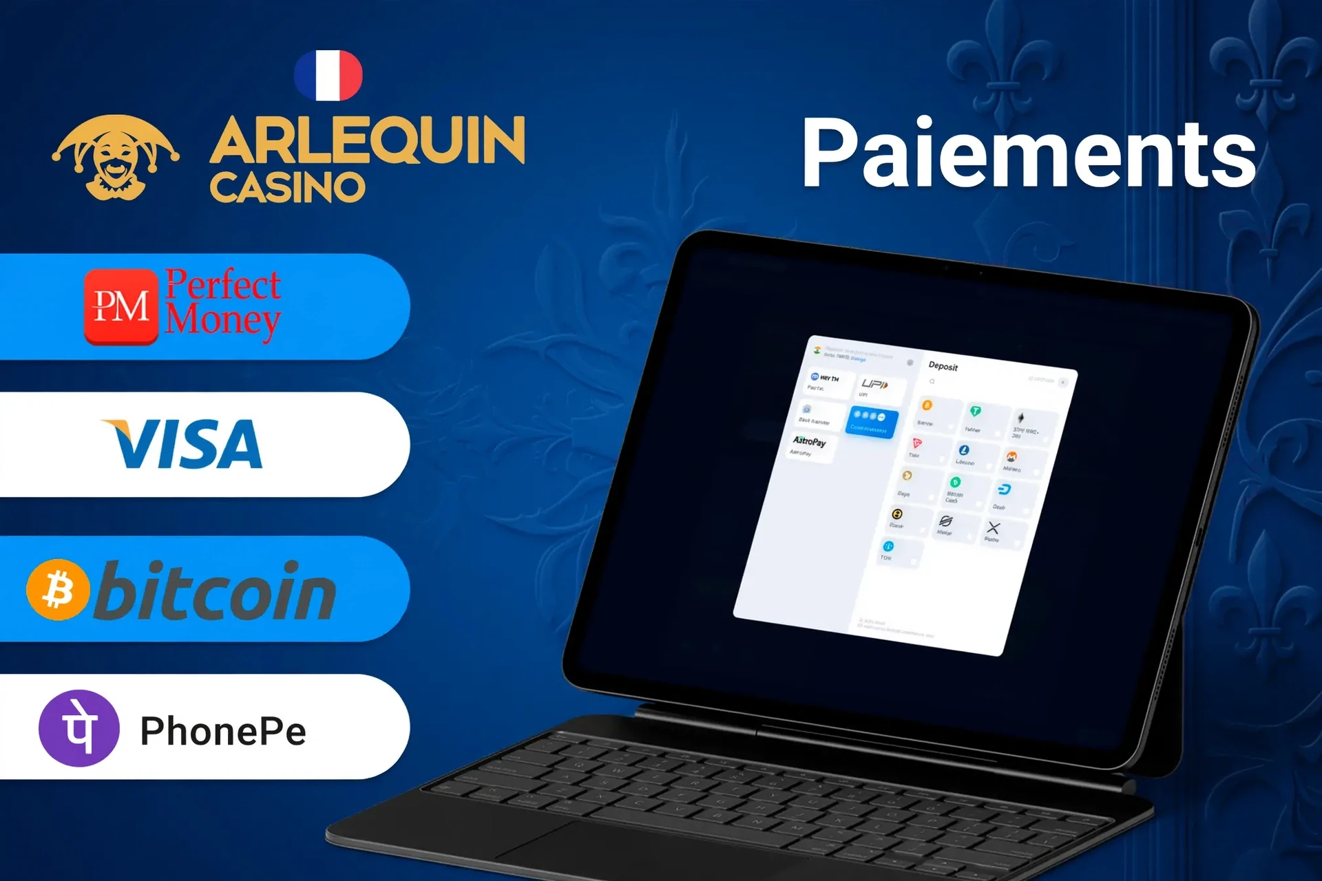 Méthodes de paiement Arlequin incluant Perfect Money, Visa, Bitcoin et paiement mobile pour des transactions rapides et sécurisées