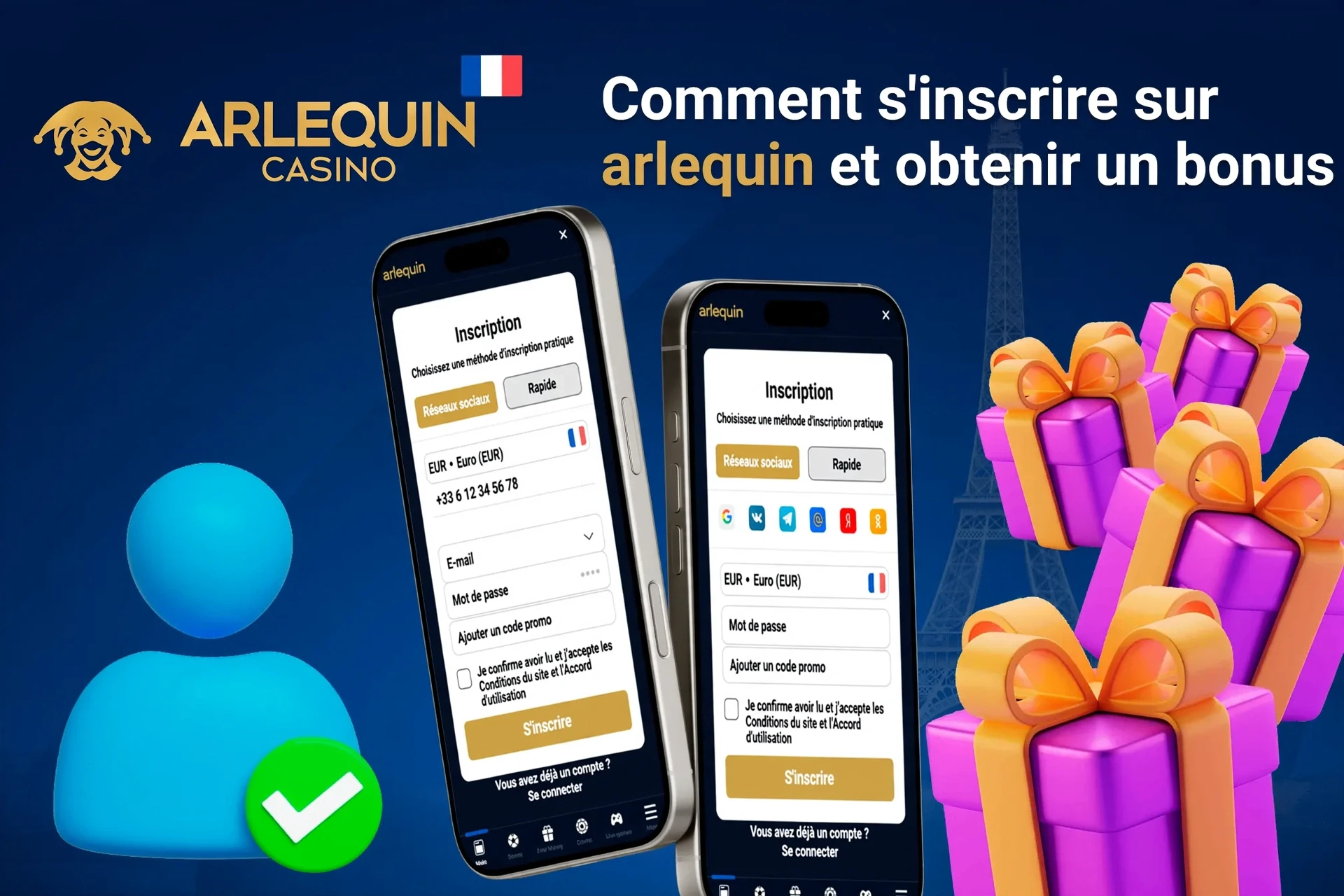 Page d'inscription mobile pour Arlequin montrant des offres de bonus avec des boîtes cadeaux violettes et dorées