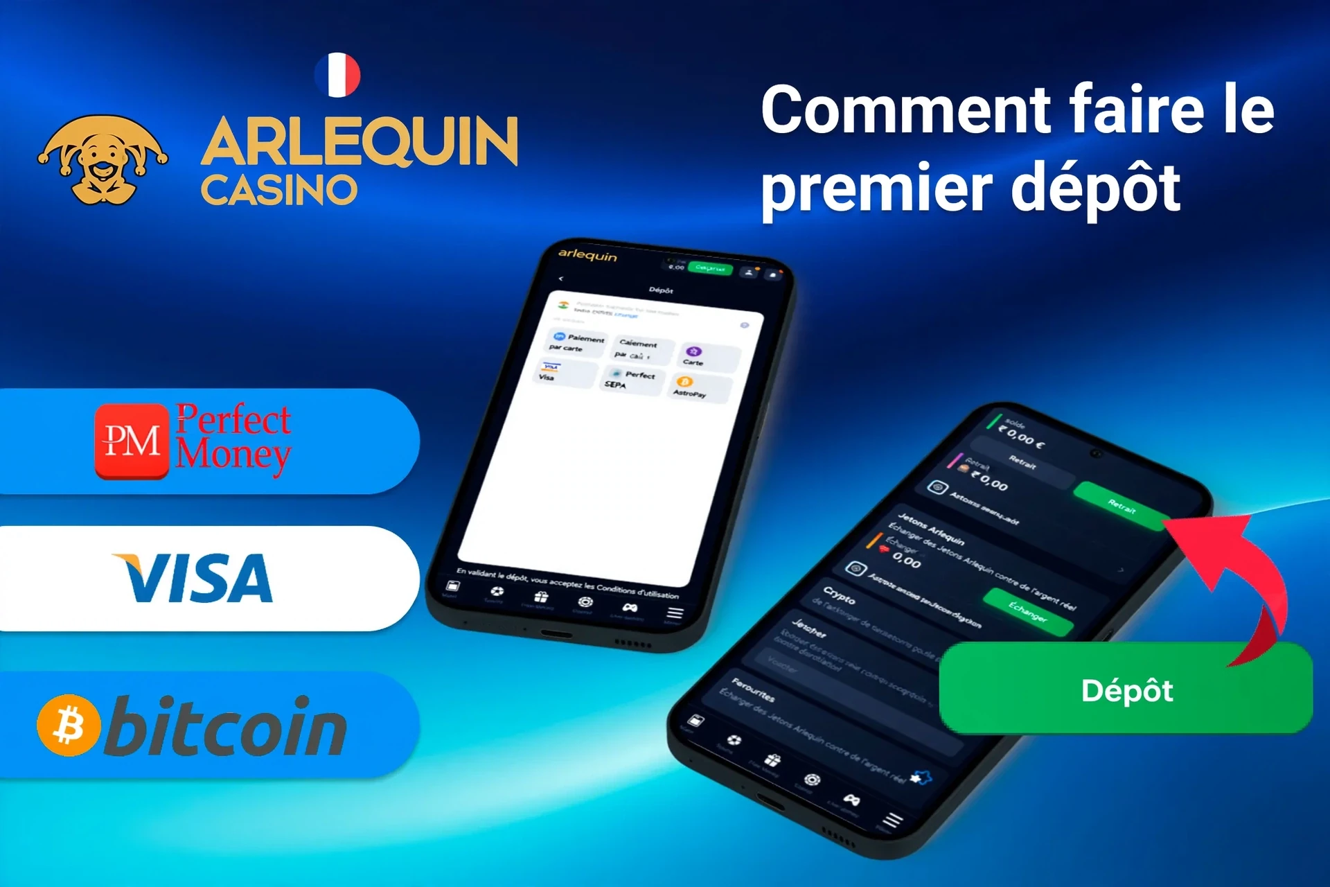 application mobile avec des options de dépôt incluant Perfect Money, Visa et Bitcoin, ainsi qu'un bouton de dépôt