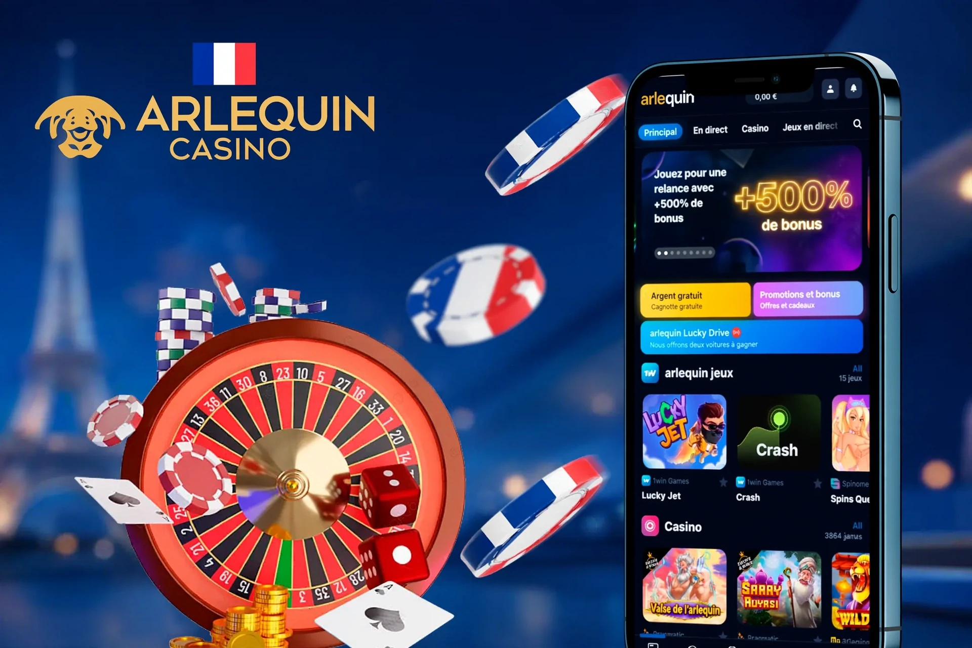 Version mobile de l'application Arlequin affichée sur des smartphones, offrant un accès rapide à diverses fonctionnalités de paris et de jeux