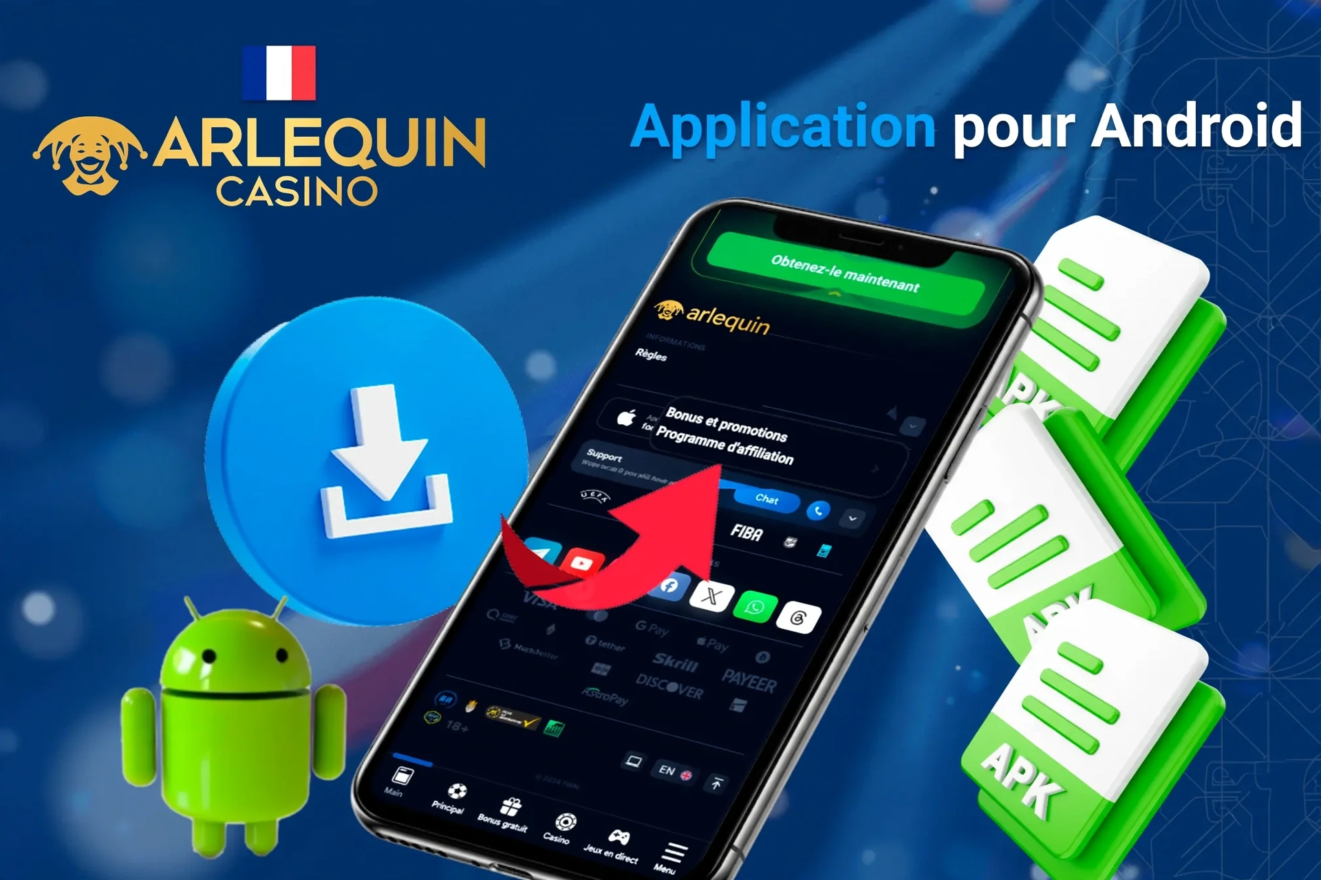 Processus de téléchargement de l'application Android avec icônes de fichier APK et mascotte Android