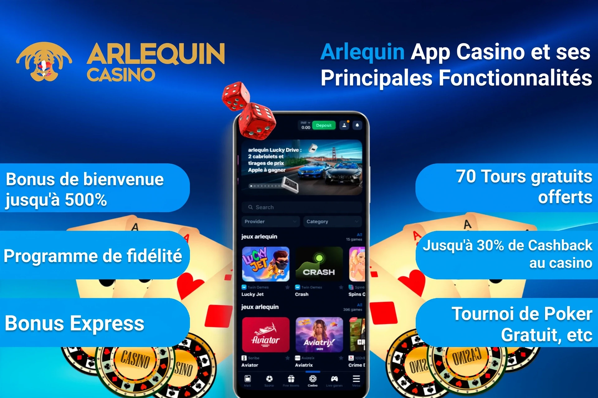 1Win App Casino top features including welcome bonus, loyalty program, and express bonus on mobile interface