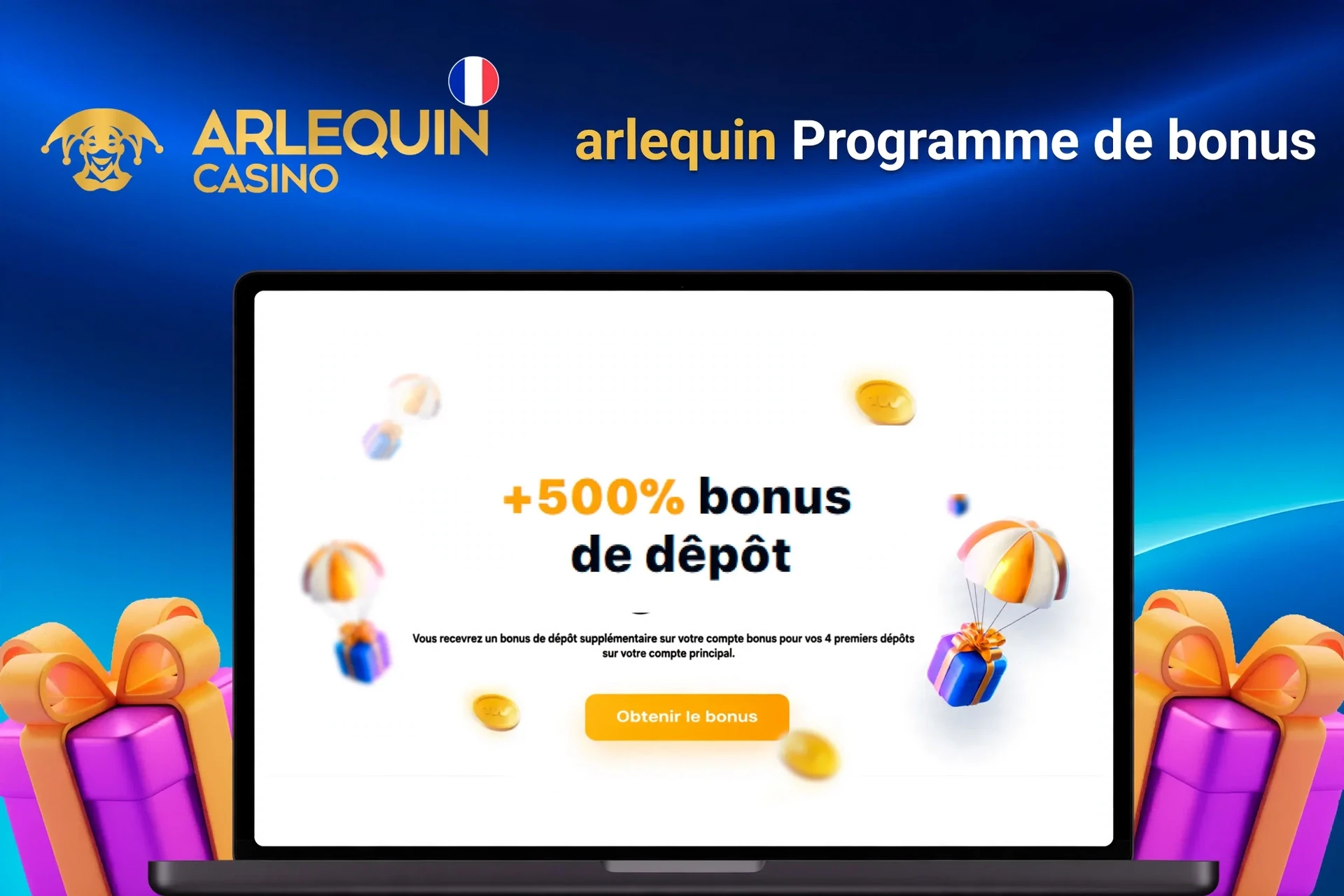 Laptop showing bonus offer of +500% deposit bonus with floating coins and gifts