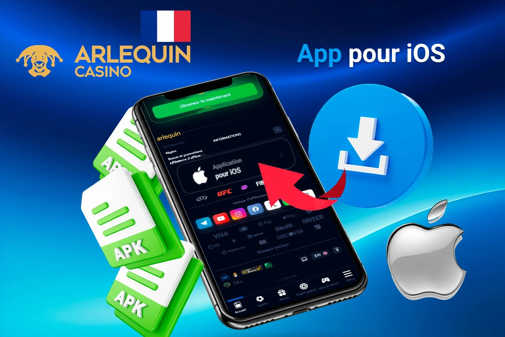 Écran de téléchargement de l'application iOS avec icônes de fichier APK et logo Apple