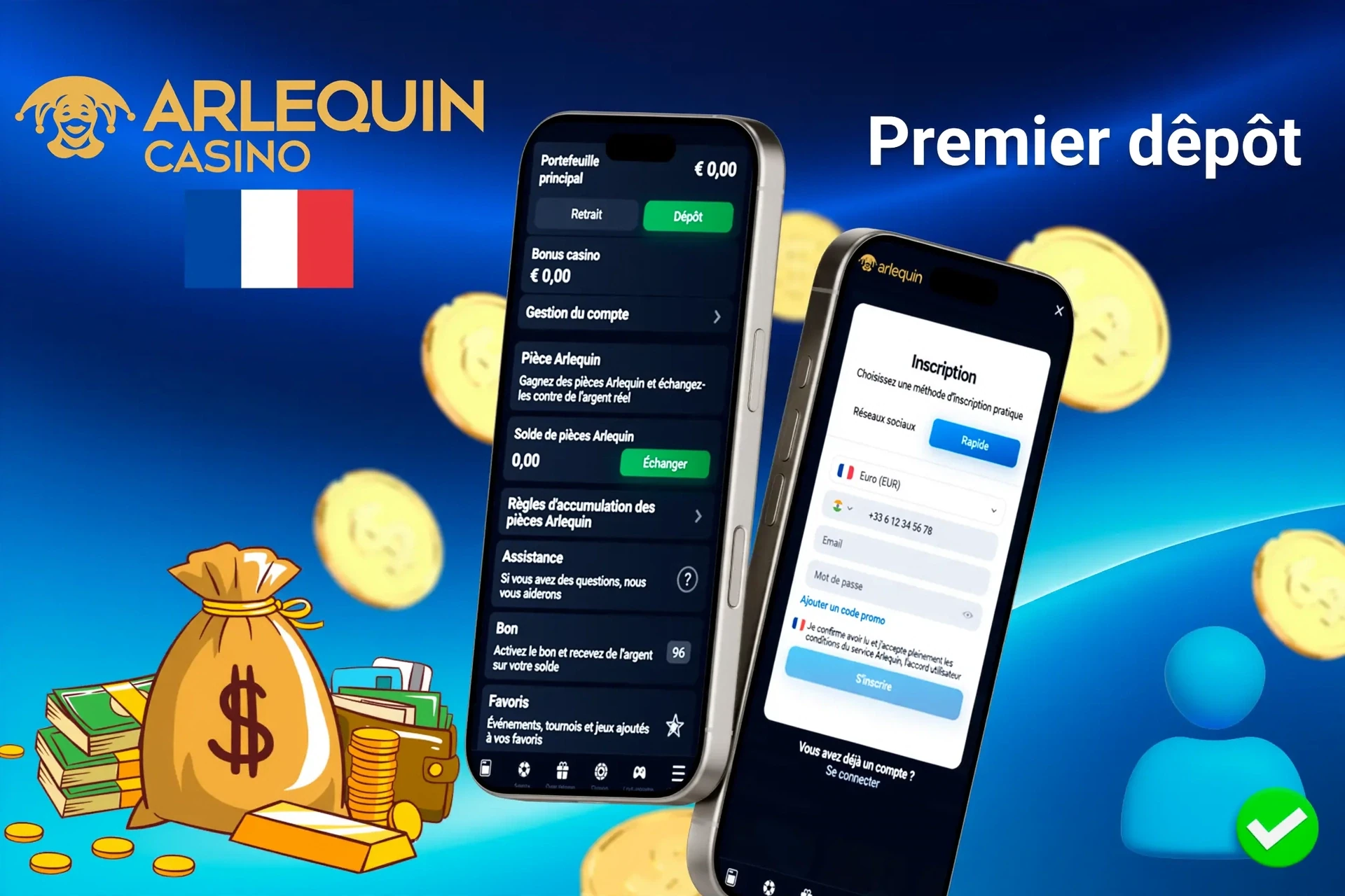 interface mobile montrant les étapes pour effectuer le premier dépôt, avec des icônes pour les options de paiement et l'inscription au bonus