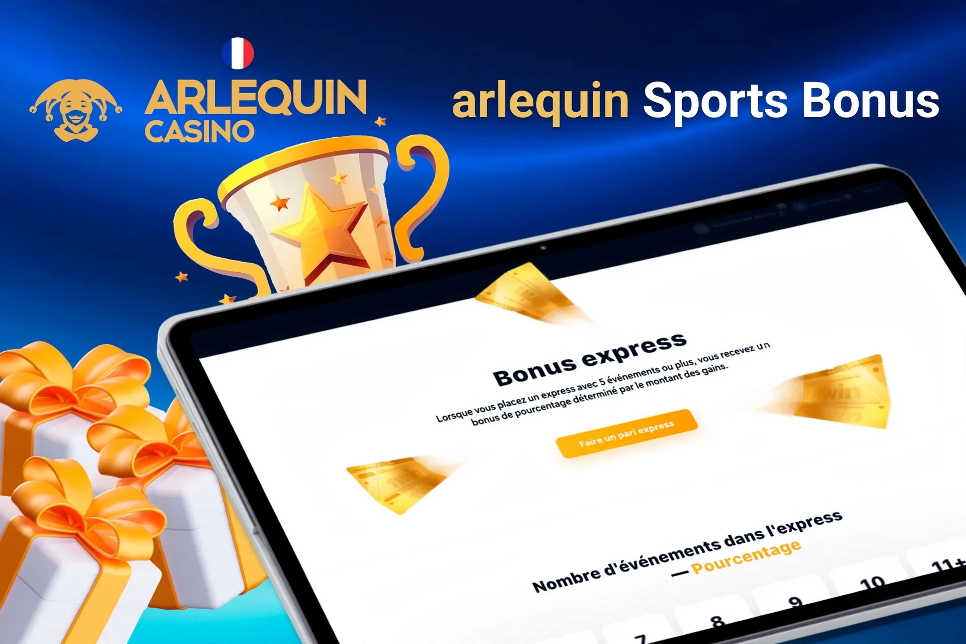 Tablet screen with express bonus offer for sports betting from 1Win, with trophy and gift boxes.