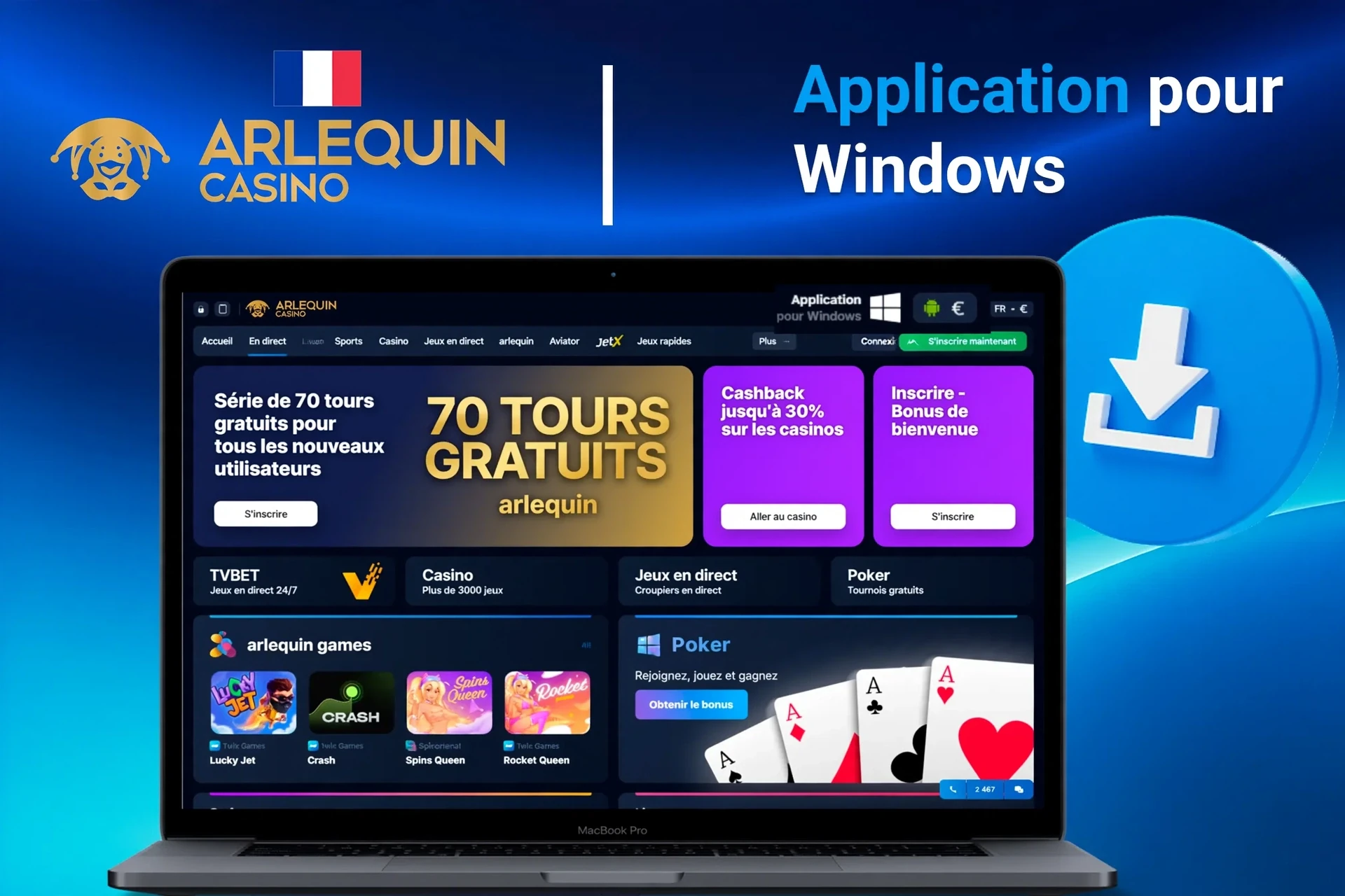 Application pour Windows avec instructions de téléchargement et promotion de 70 tours gratuits