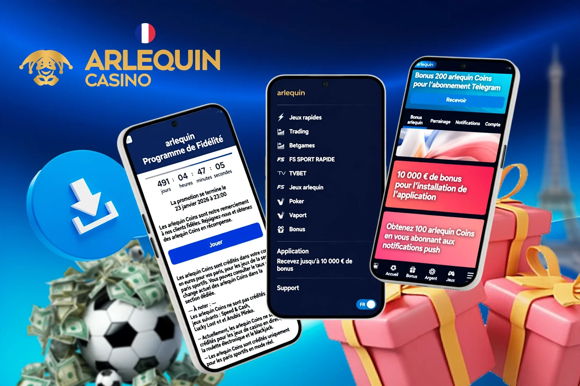 Mobile screens showing loyalty program, app installation bonus, and football icon with download button