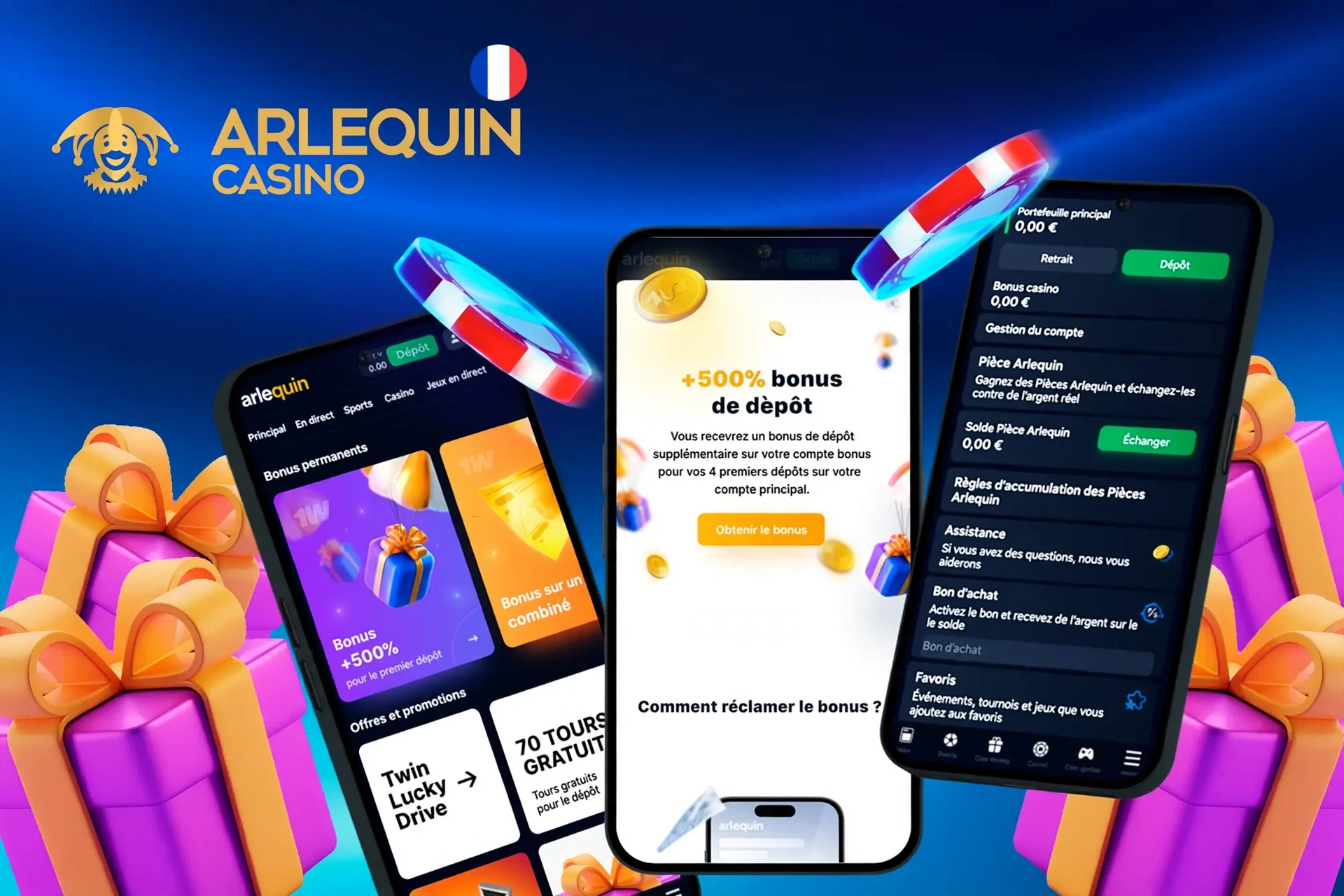 application montrant les instructions pour réclamer un bonus de dépôt de 500 % sur mobile avec des éléments de jeu colorés