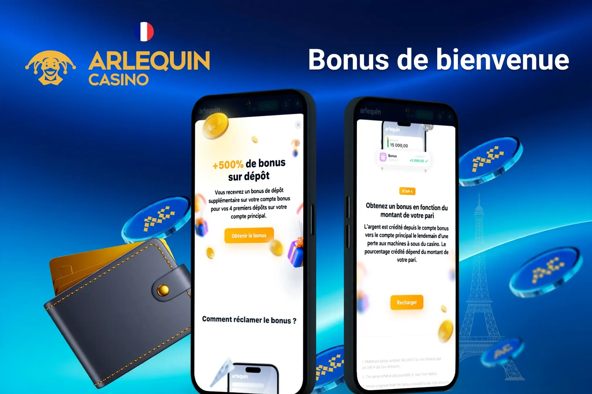 écran du bonus de bienvenue Arlequin avec bonus de dépôt +500% pour les quatre premiers dépôts, affiché sur deux écrans de mobile