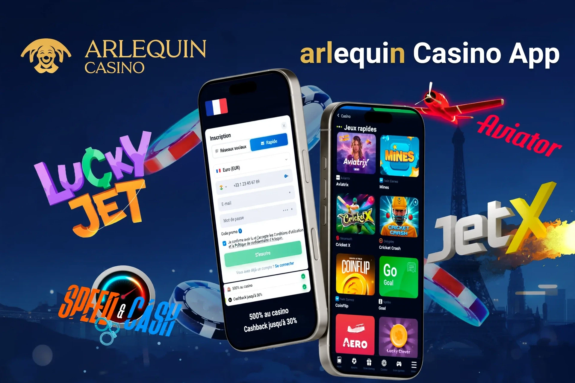 Écran d'inscription de l'application Casino Arlequin avec des jeux rapides comme Aviatrix et JetX