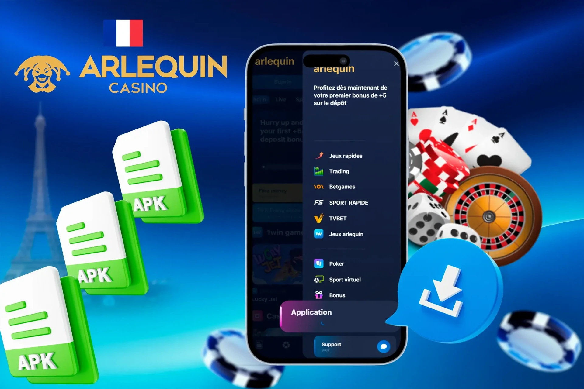 application Arlequin avec des icônes de fichiers APK et des jetons de casino illustrant l'accès mobile aux jeux Arlequin