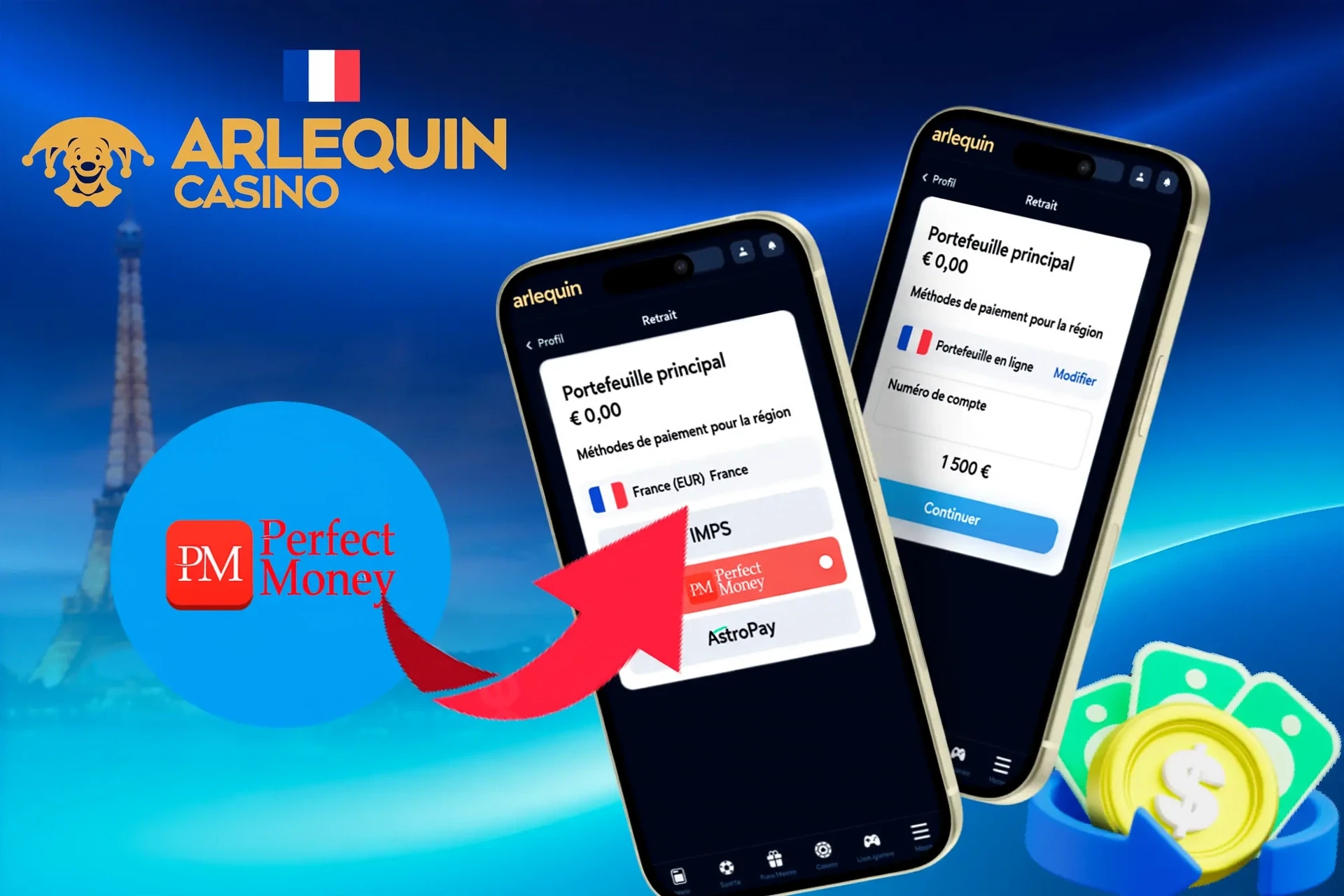 options de retrait, présentant Perfect Money, AstroPay et d'autres services de portefeuille, affichées sur une interface mobile