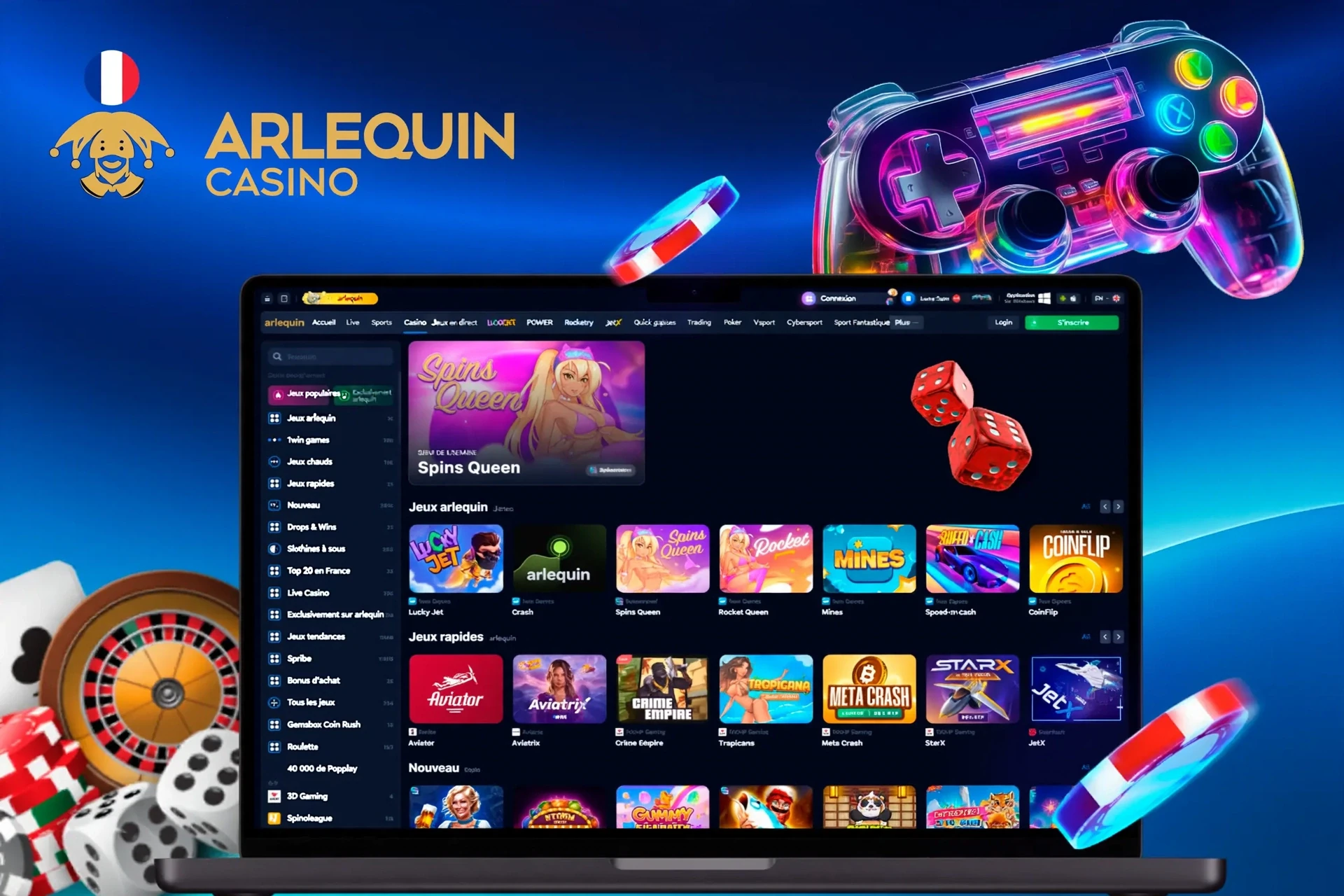 interface de l'application montrant une variété de jeux comme Spins Queen, Crash et Rocket Queen avec une icône de manette de jeu vive