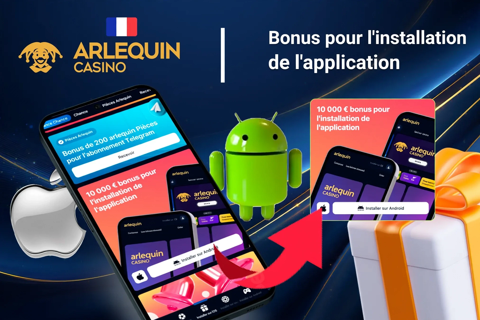 1Win bonus offer for app installation on mobile with Android and Apple logos, and gift boxes