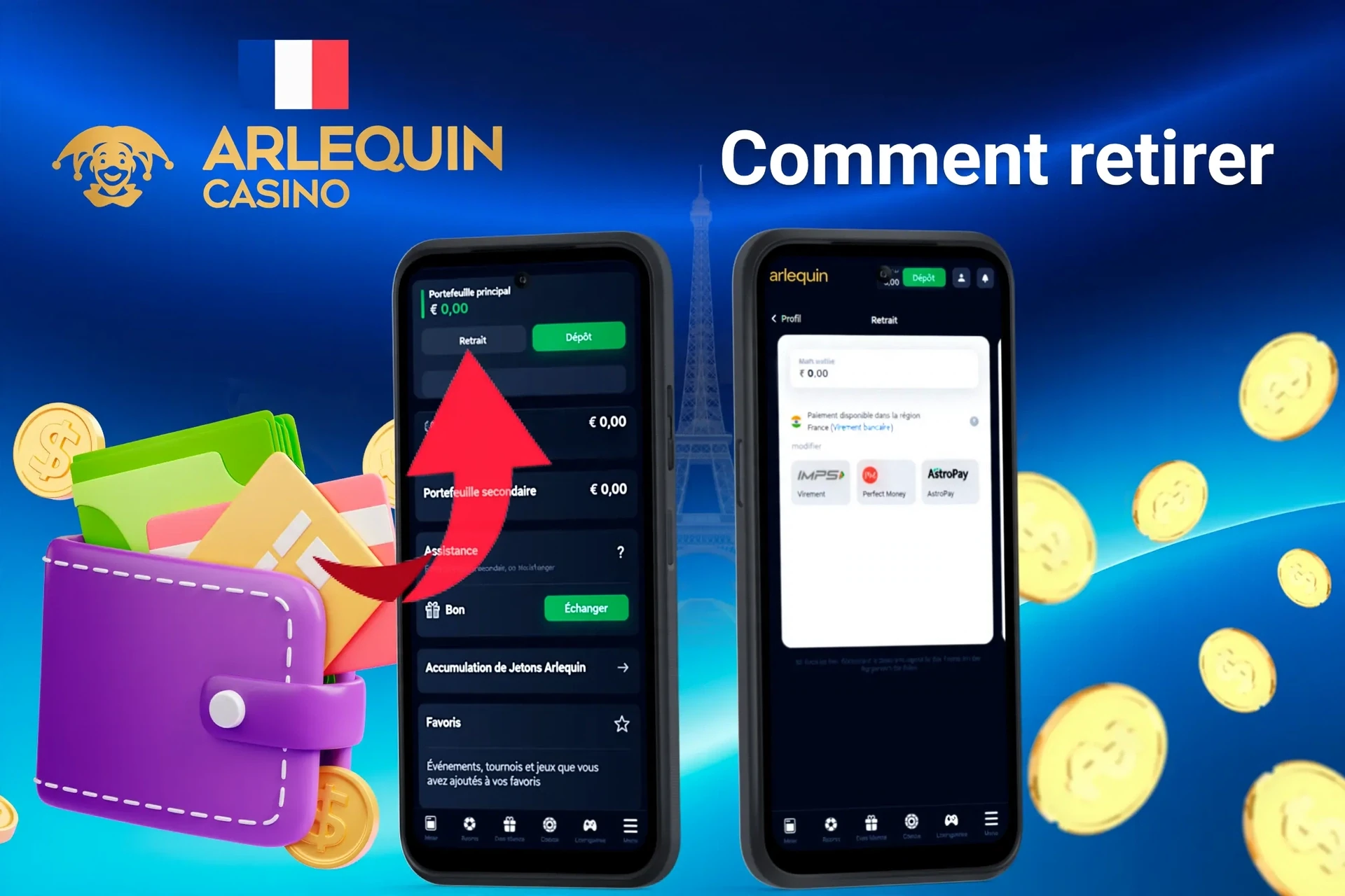 interface mobile montrant le processus de retrait avec une flèche indiquant les options de retrait et le solde disponible du portefeuille