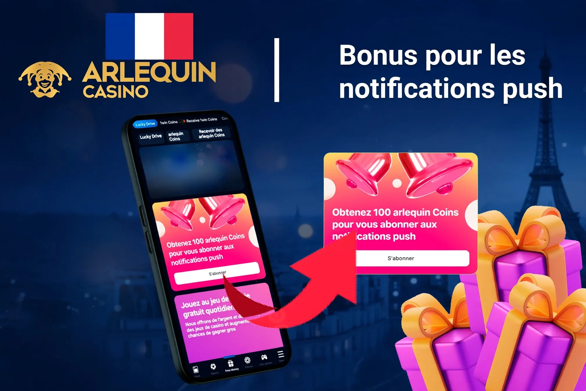mobile app showing bonus offers and promotions with coins and poker-related graphics