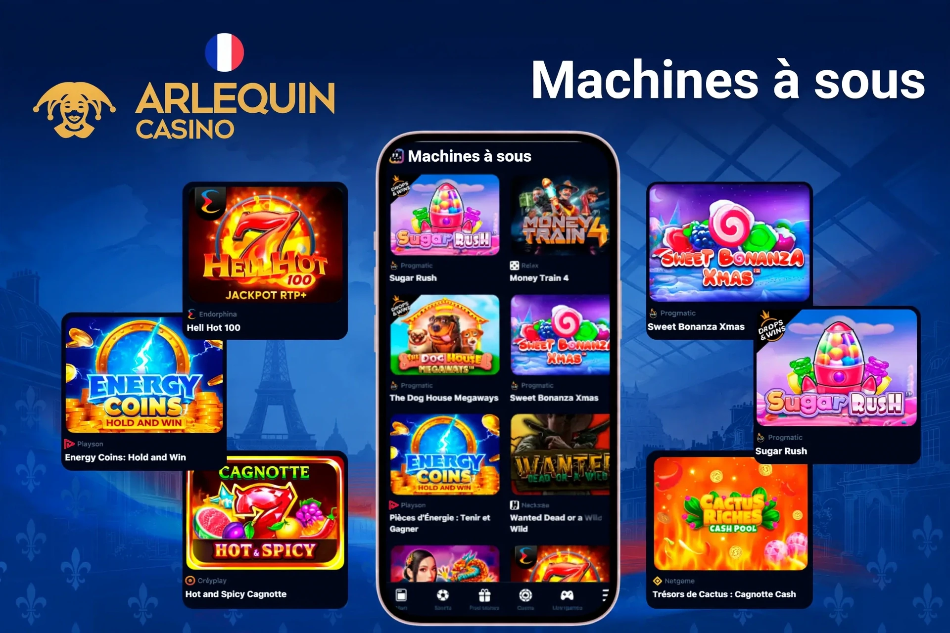 Jeux de machines à sous présentant des titres populaires comme Sugar Rush, Energy Coins et Hell Hot 100 sur mobile et ordinateur de bureau