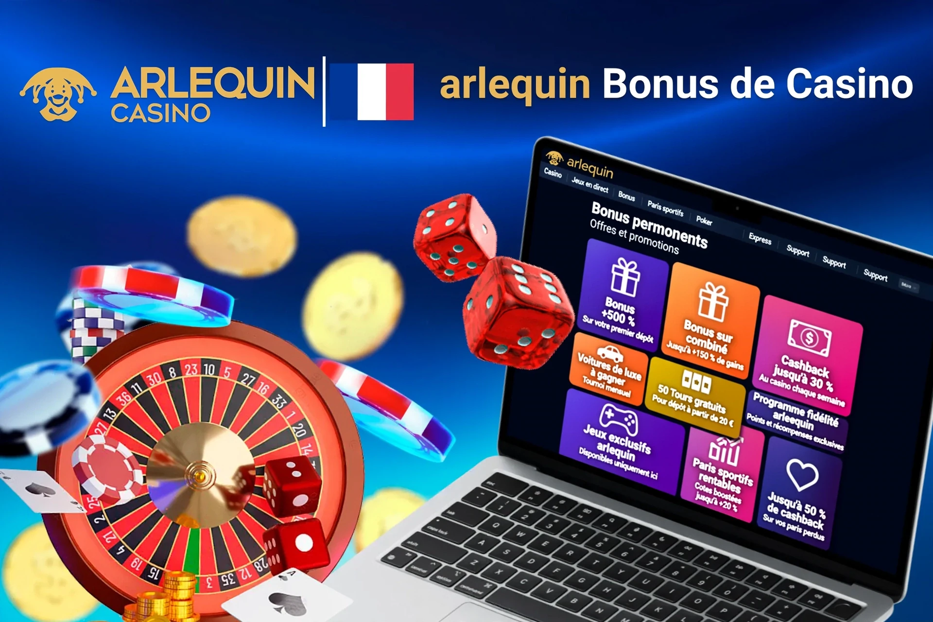 Laptop screen showing various 1Win casino bonuses with roulette, dice, and poker chips