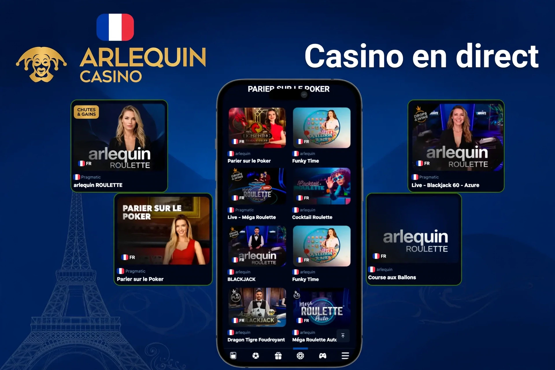 Jeux de casino en direct montrant des tables et des croupiers sur mobile et ordinateur