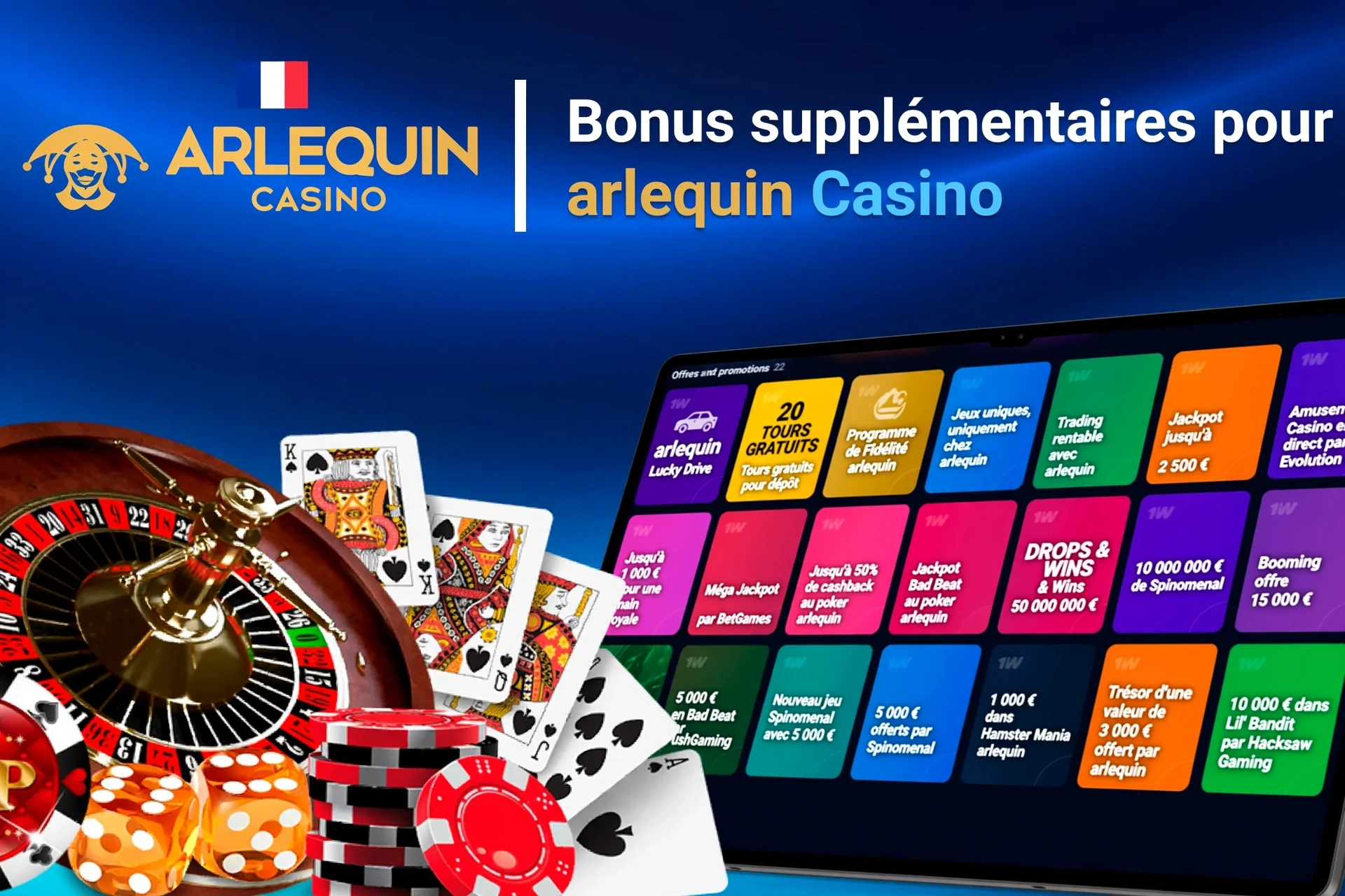 Mobile app showing casino game offers like loyalty program and free spins with poker chips and cards