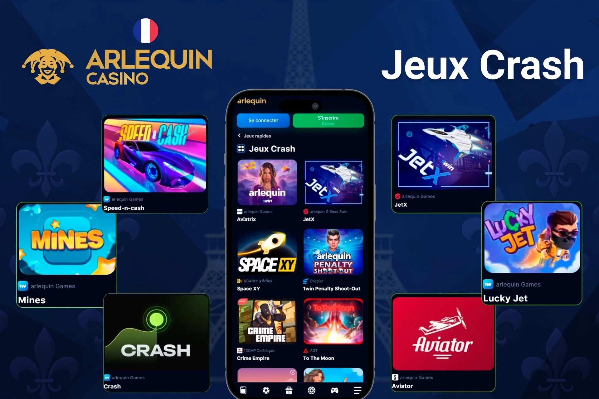 jeux de crash tels que Mines, Speed-n-cash, JetX et Lucky Jet affichés sur l'application mobile