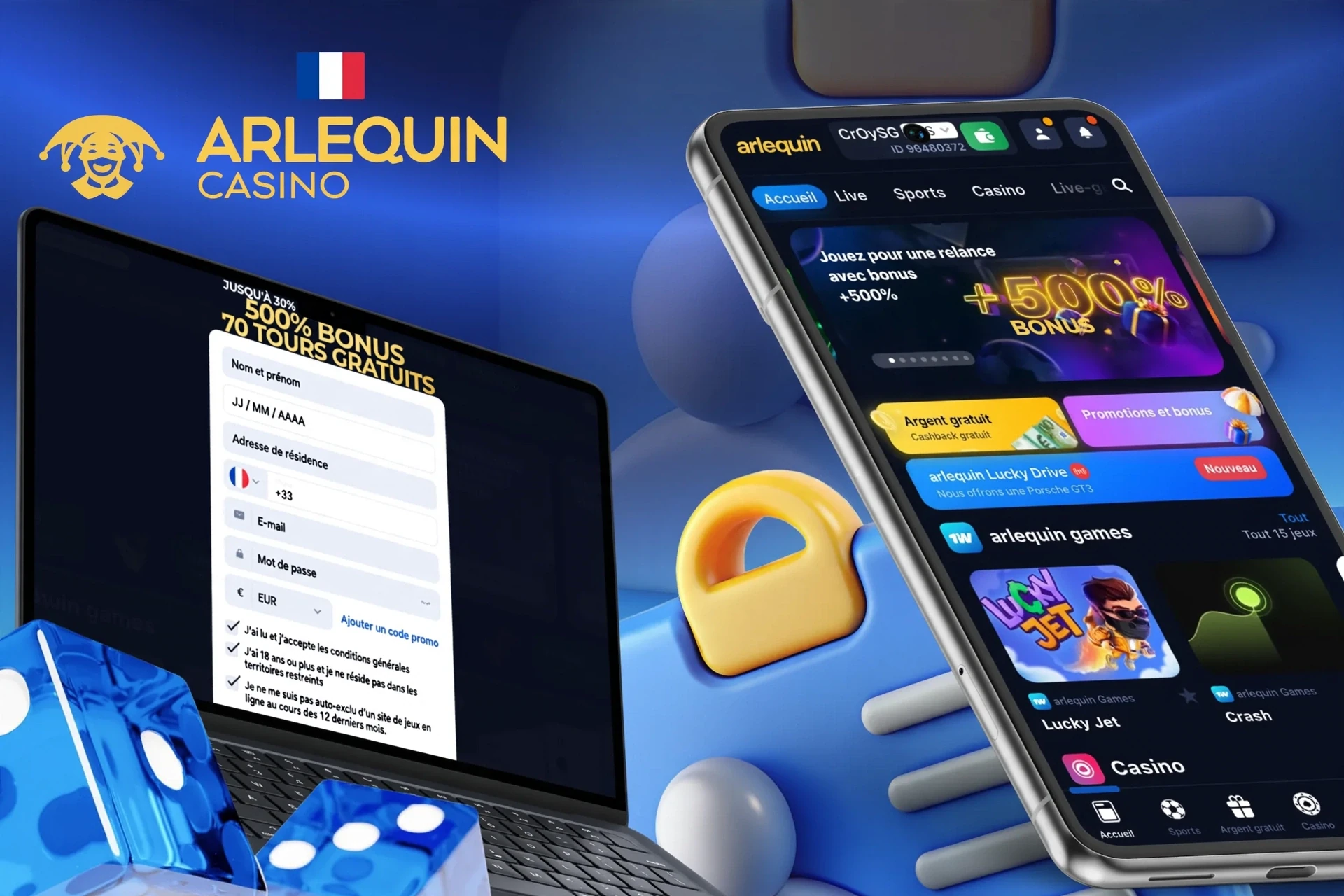 Description de l'inscription sur Arlequin et de la réception d'un bonus de bienvenue